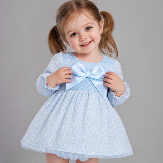 Baby Girls Blue Floral Smocked Dress With Pants