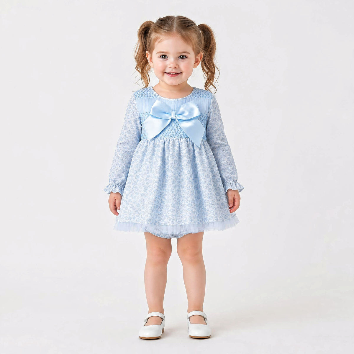 Baby Girls Blue Floral Smocked Dress With Pants