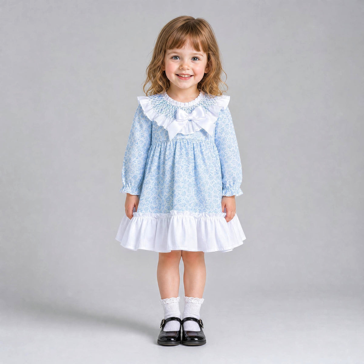Baby Girls Blue Floral Smocked Collar Puff Dress With Pants