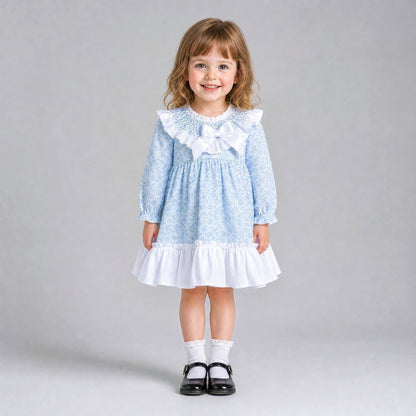 Baby Girls Blue Floral Smocked Collar Puff Dress With Pants