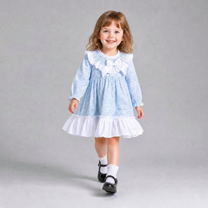 Baby Girls Blue Floral Smocked Collar Puff Dress With Pants