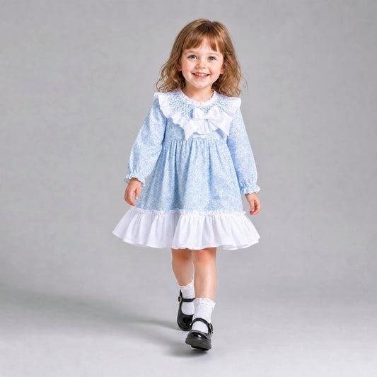 Baby Girls Blue Floral Smocked Collar Puff Dress With Pants