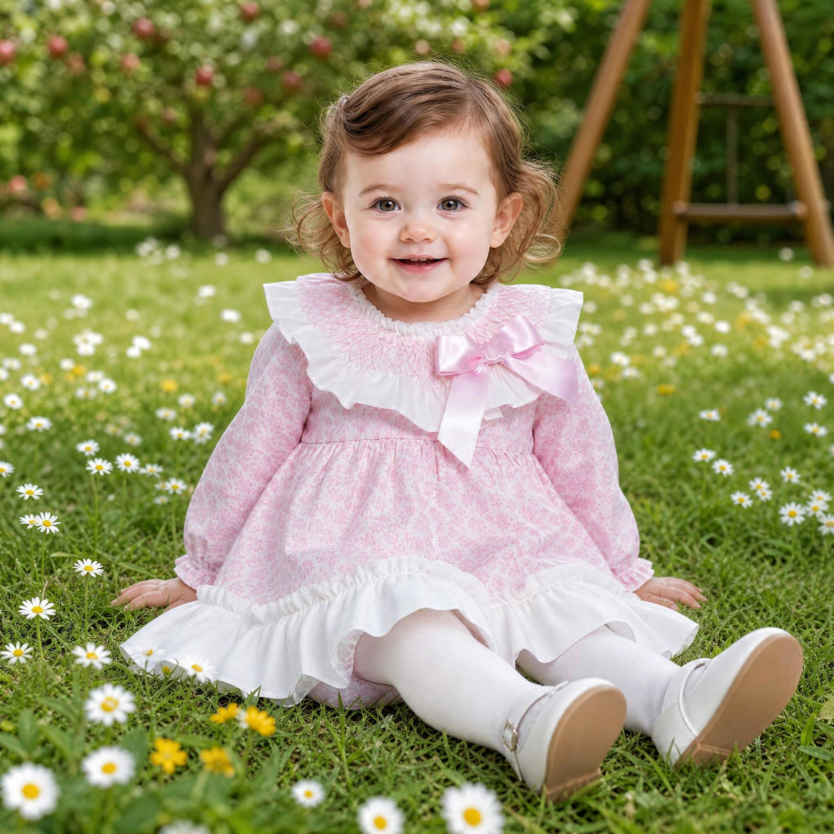 Baby Girls Pink Floral Smocked Puff Sleeve Dress & Pants