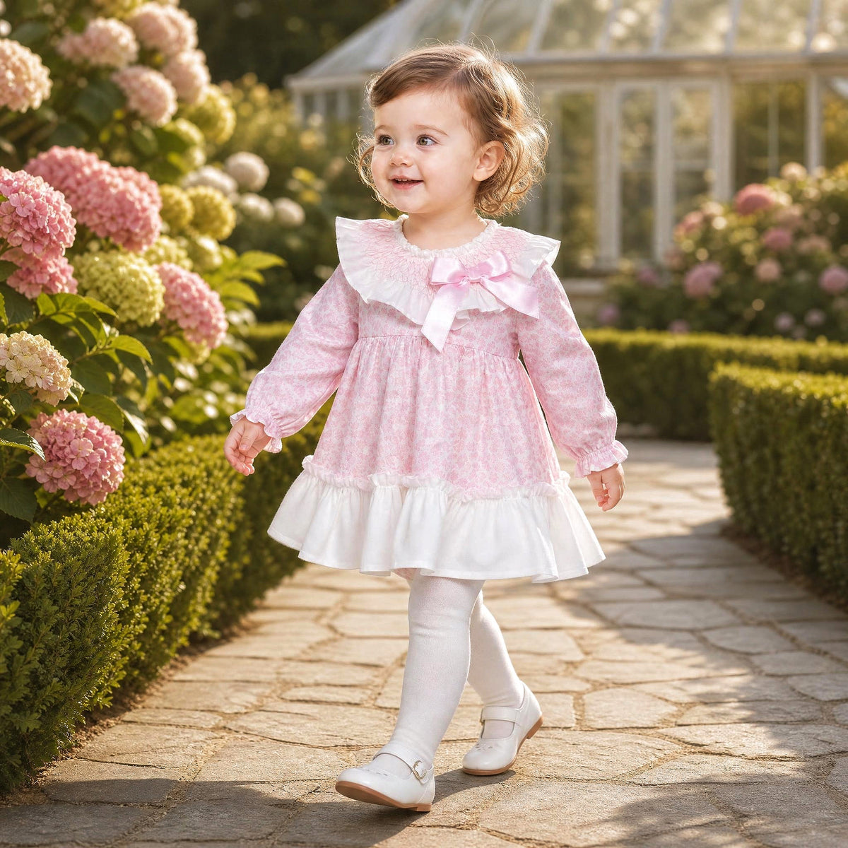 Baby Girls Pink Floral Smocked Puff Sleeve Dress & Pants