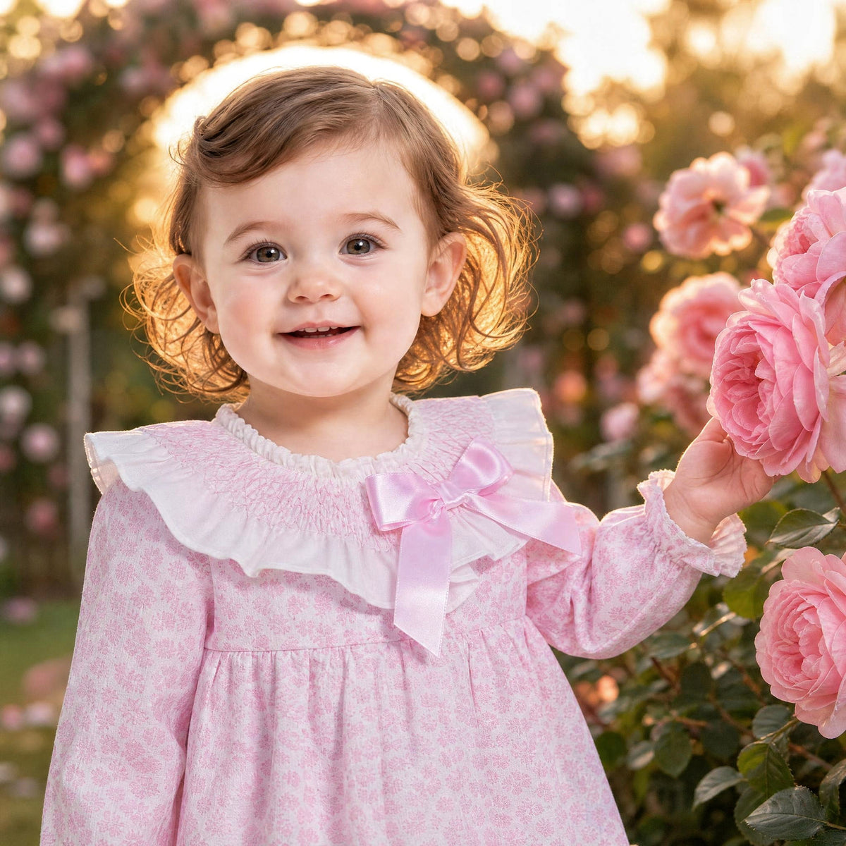 Baby Girls Pink Floral Smocked Puff Sleeve Dress & Pants
