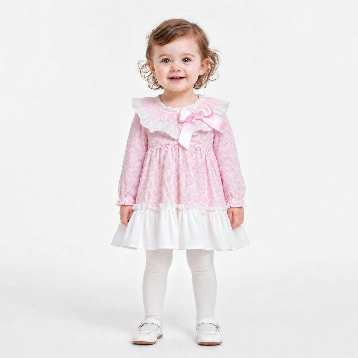 Baby Girls Pink Floral Smocked Puff Sleeve Dress & Pants