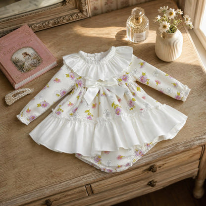 Baby Girls Cream Floral Collar Dress & Pants Set