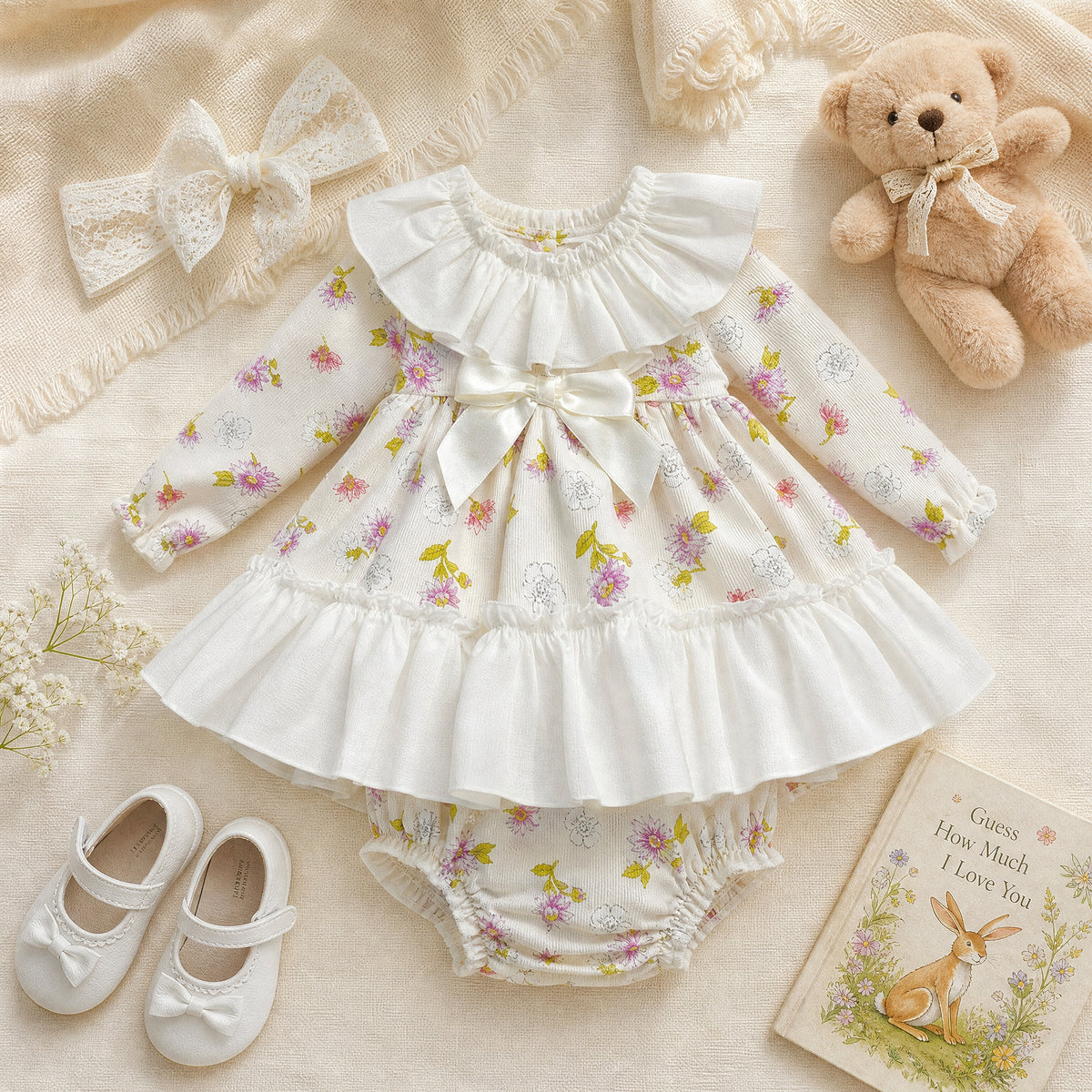 Baby Girls Cream Floral Collar Dress & Pants Set