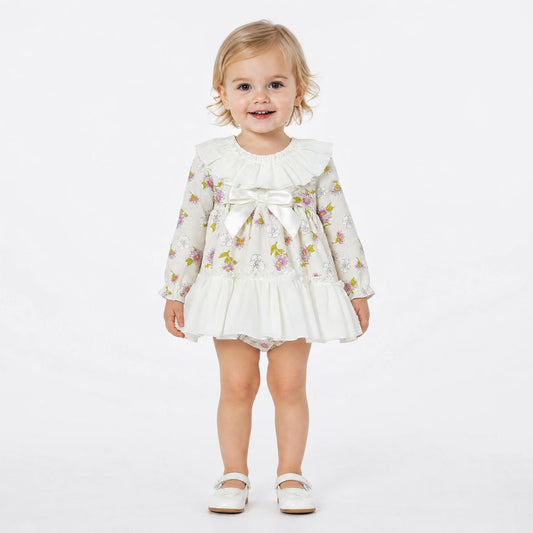 Baby Girls Cream Floral Collar Dress & Pants Set