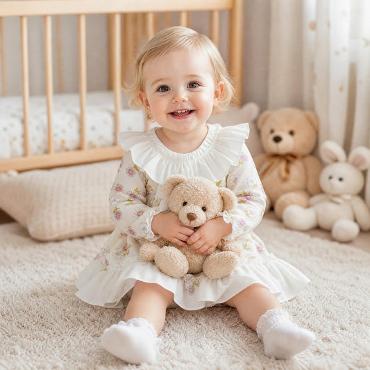 Baby Girls Cream Floral Collar Dress & Pants Set