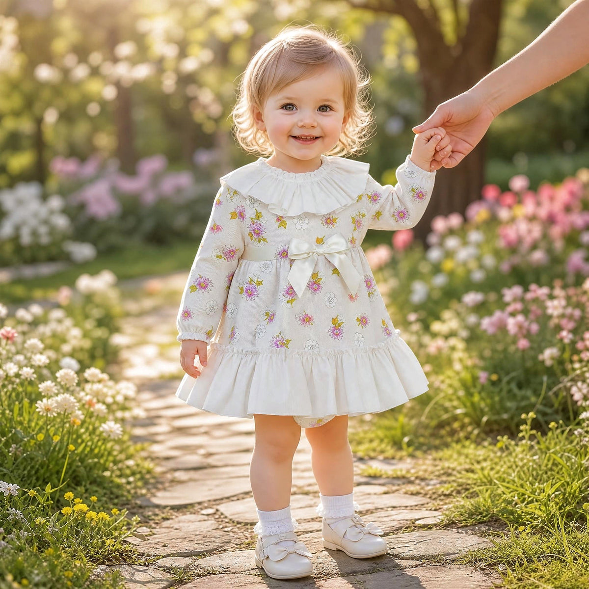Baby Girls Cream Floral Collar Dress & Pants Set