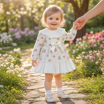 Baby Girls Cream Floral Collar Dress & Pants Set