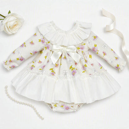 Baby Girls Cream Floral Collar Dress & Pants Set