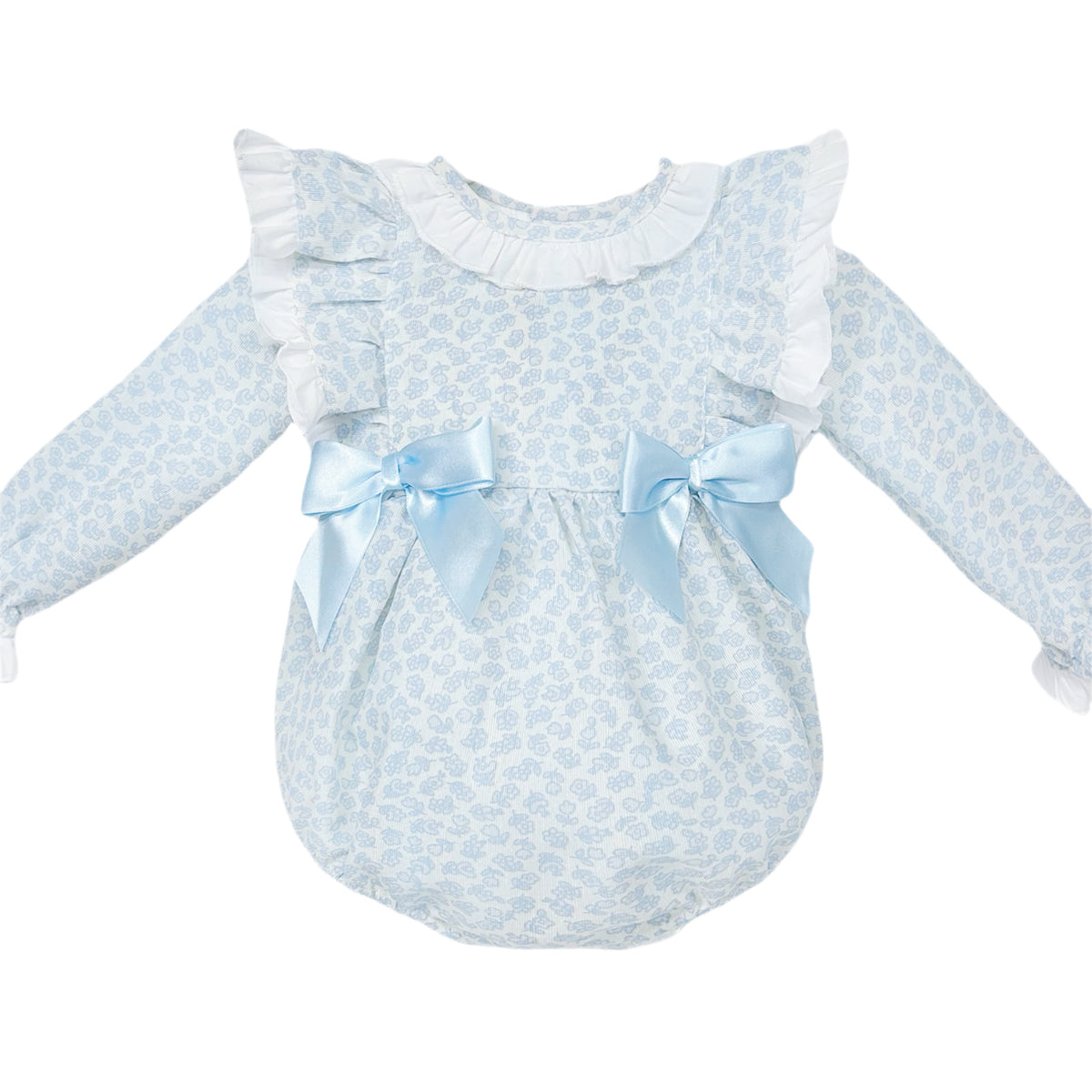 Baby Girls Blue Floral Romper with Shoulder Frills
