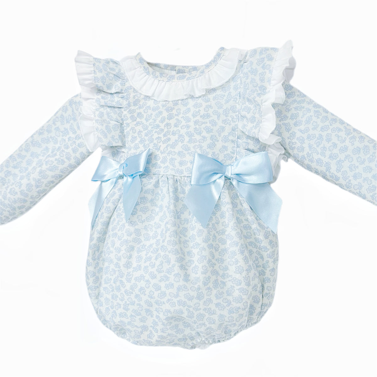 Baby Girls Blue Floral Romper with Shoulder Frills