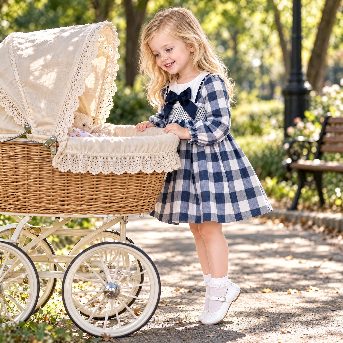 Baby Girls Navy Checked Smocked Puff Dress With Pants