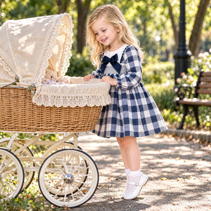 Baby Girls Navy Checked Smocked Puff Dress With Pants