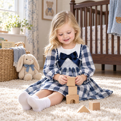 Baby Girls Navy Checked Smocked Puff Dress With Pants