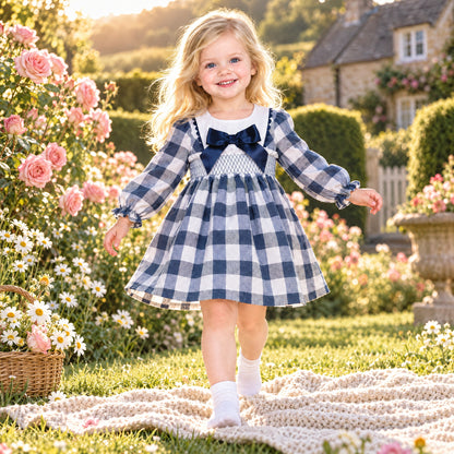 Baby Girls Navy Checked Smocked Puff Dress With Pants