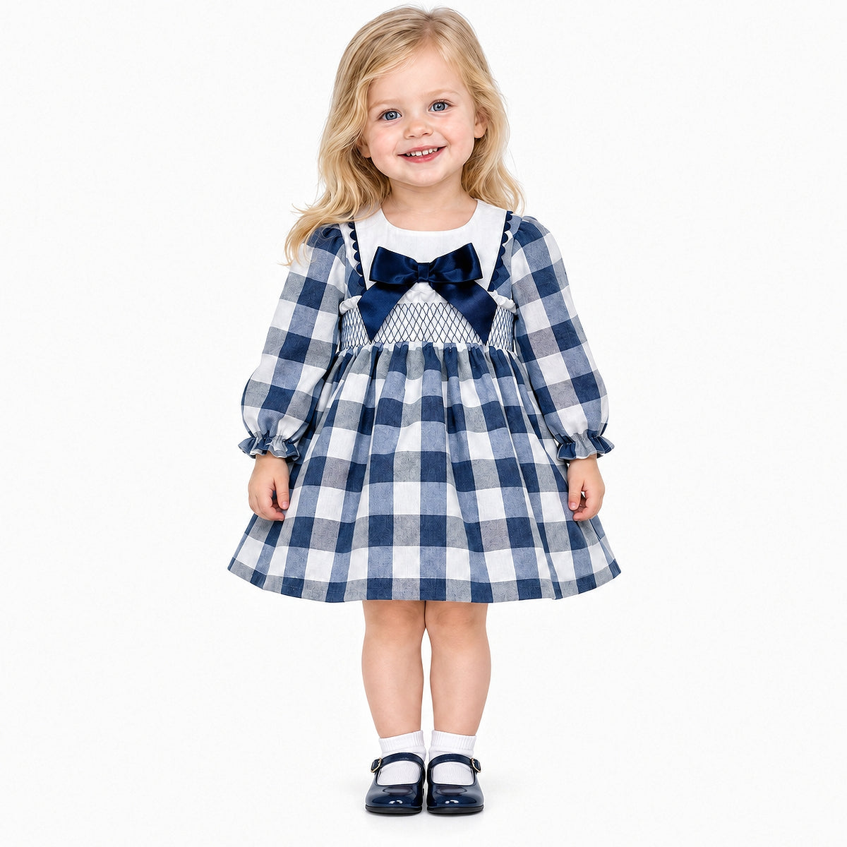 Baby Girls Navy Checked Smocked Puff Dress With Pants