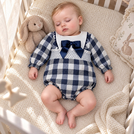 Baby Girls Navy Checked Smokced Romper