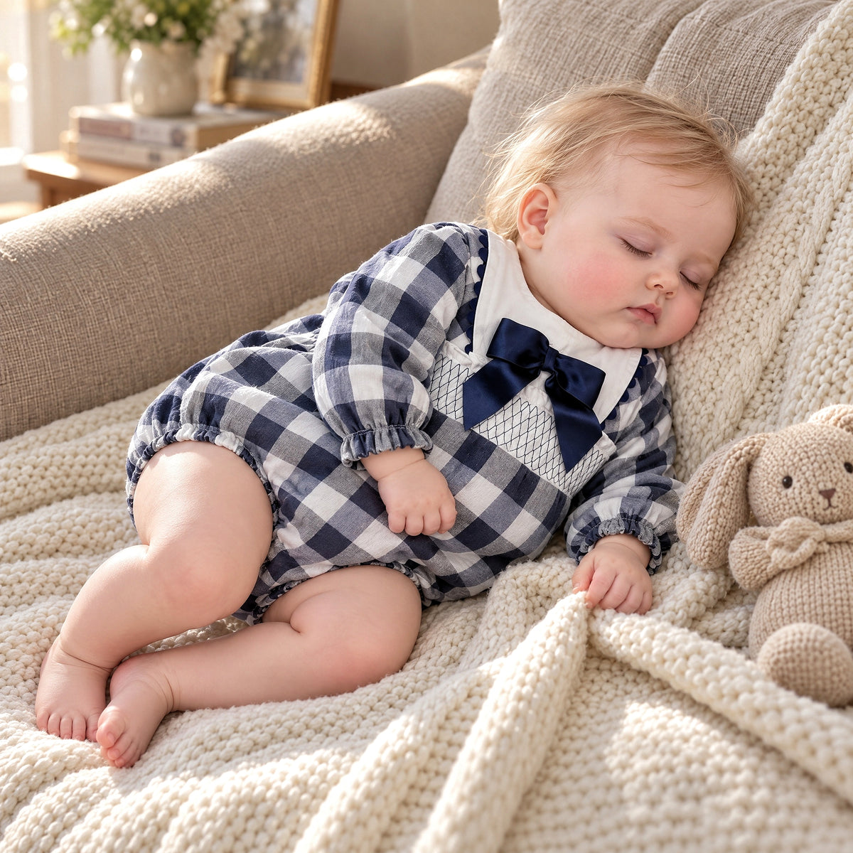 Baby Girls Navy Checked Smokced Romper