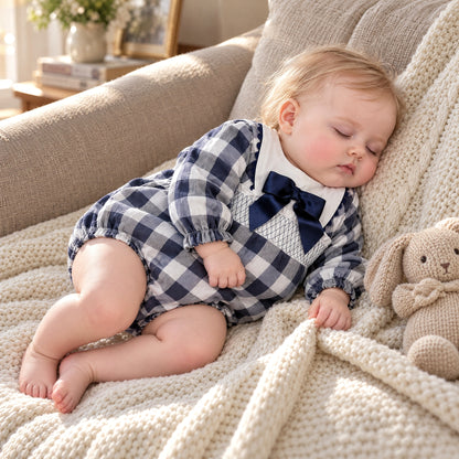 Baby Girls Navy Checked Smokced Romper
