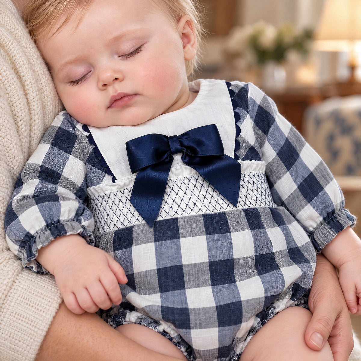 Baby Girls Navy Checked Smokced Romper