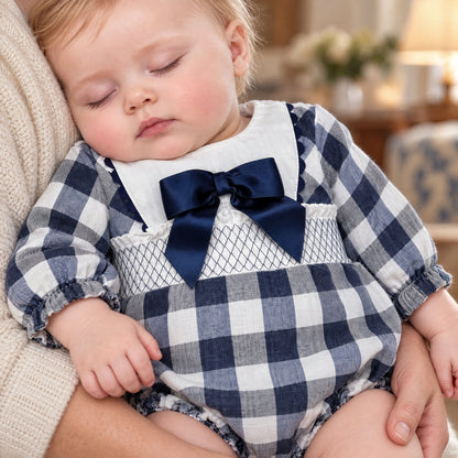 Baby Girls Navy Checked Smokced Romper