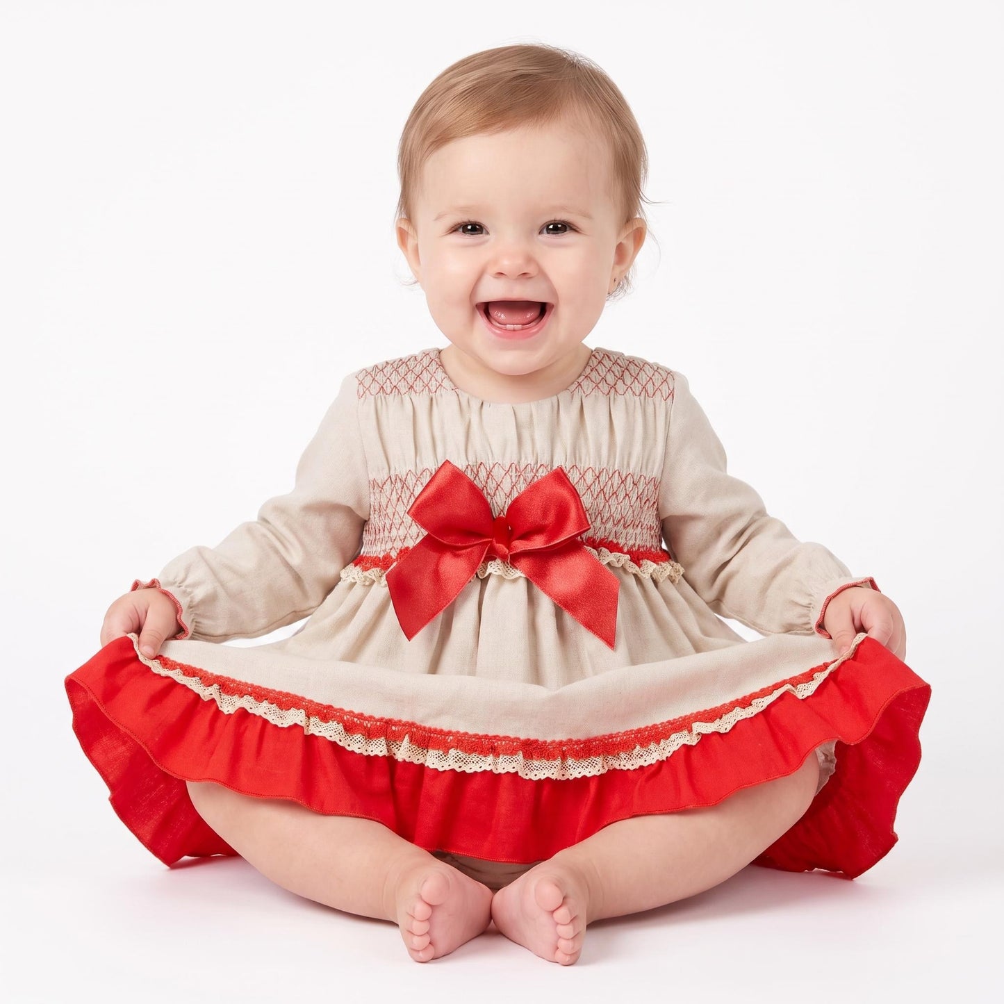 Baby Girls Grey & Red Puff Dress with Bloomers