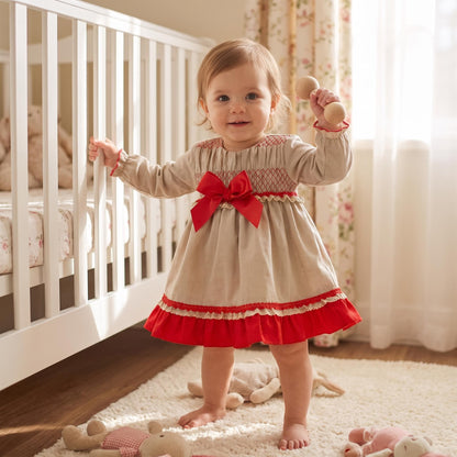 Baby Girls Grey & Red Puff Dress with Bloomers