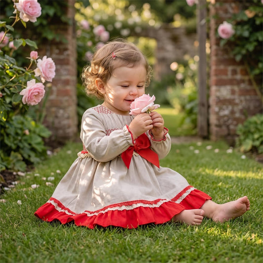 Baby Girls Grey & Red Puff Dress with Bloomers