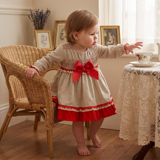 Baby Girls Grey & Red Puff Dress with Bloomers
