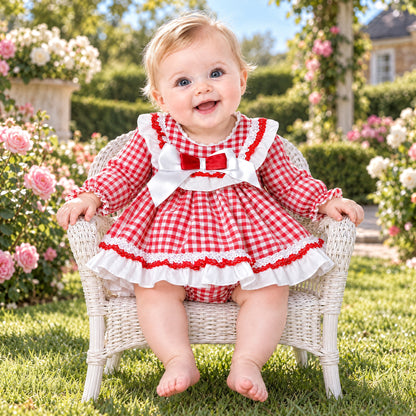 Baby Girls Red Red Checked Puff Dress With Pants
