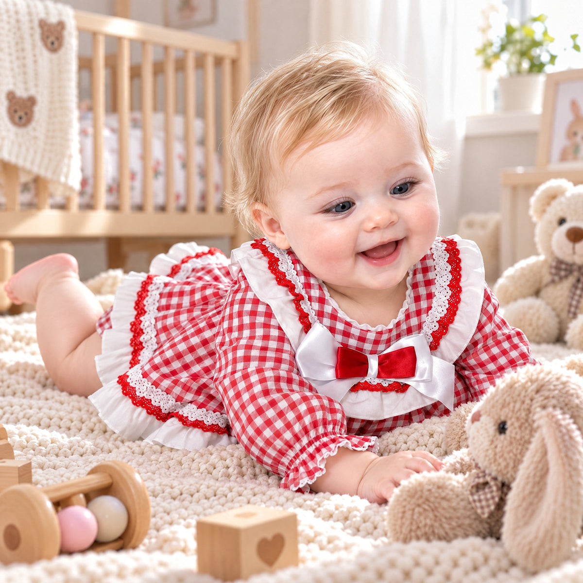 Baby Girls Red Red Checked Puff Dress With Pants