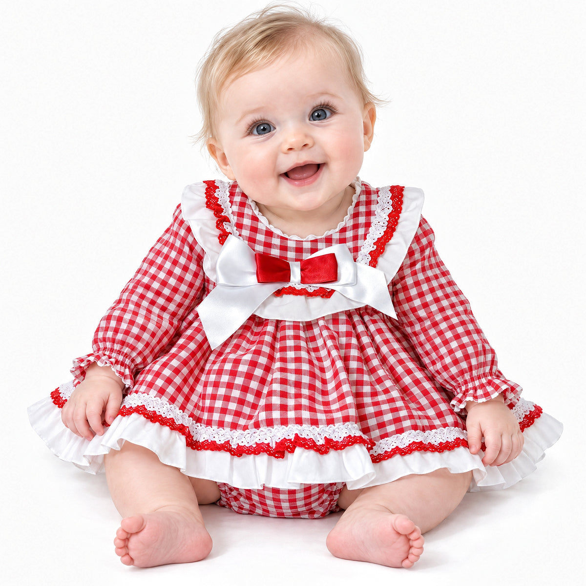 Baby Girls Red Red Checked Puff Dress With Pants