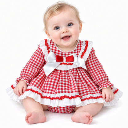 Baby Girls Red Red Checked Puff Dress With Pants