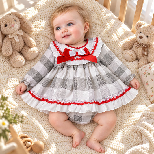 Baby Girls Red Grey Checked Puff Dress With Pants
