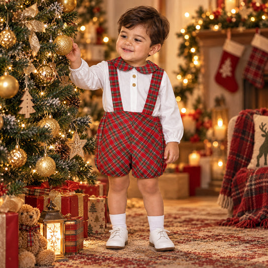 Baby Boys Red Tartan Strap Shorts With Shirt