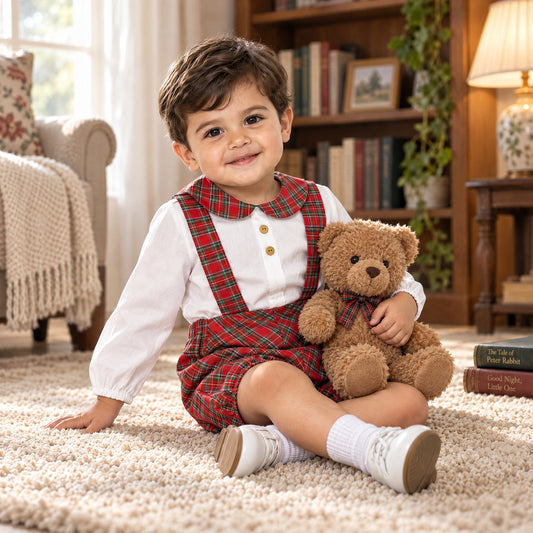 Baby Boys Red Tartan Strap Shorts With Shirt