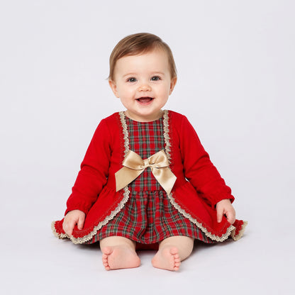 Baby Girls Red Tartan Lace Dress With Pants