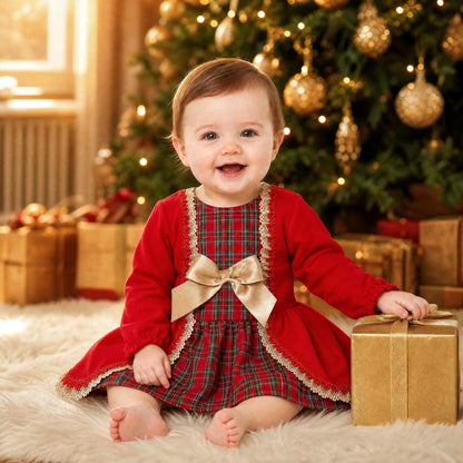 Baby Girls Red Tartan Lace Dress With Pants
