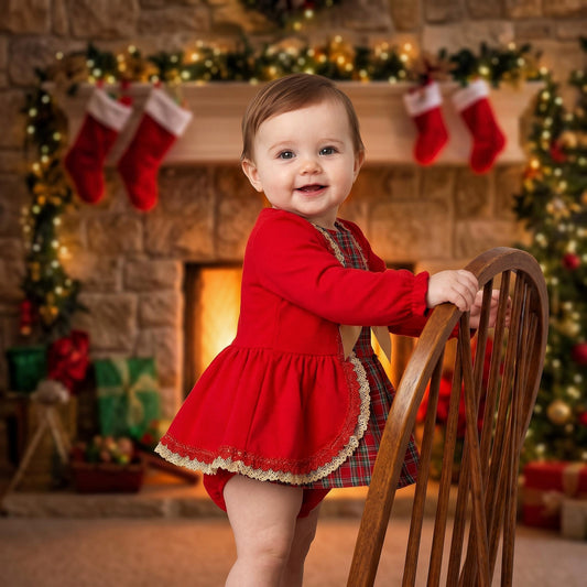 Baby Girls Red Tartan Lace Dress With Pants