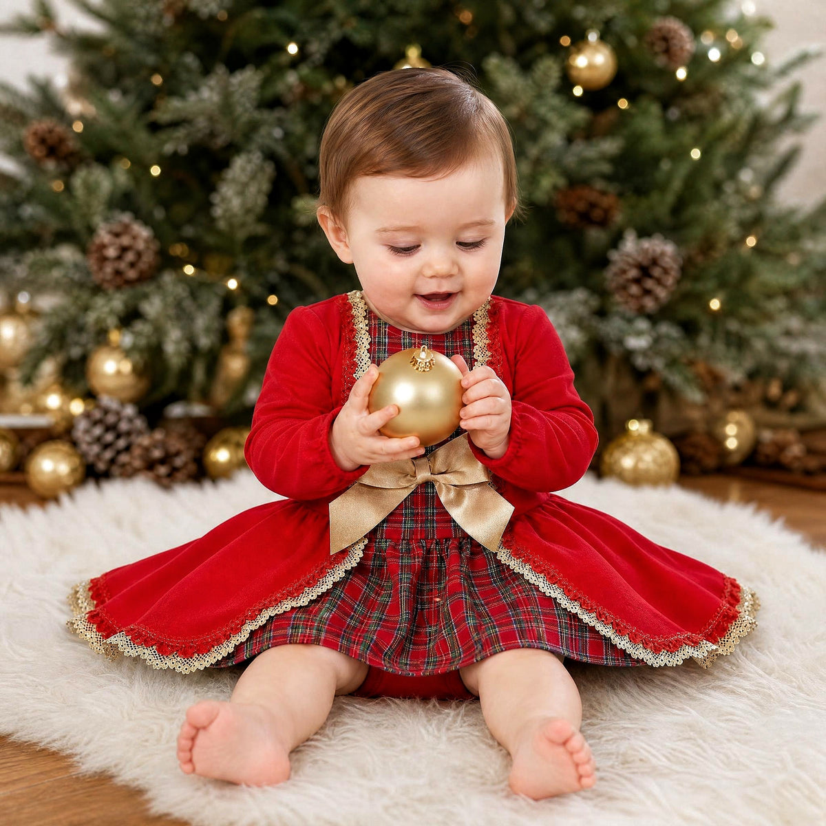 Baby Girls Red Tartan Lace Dress With Pants