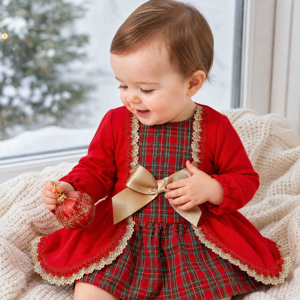 Baby Girls Red Tartan Lace Dress With Pants