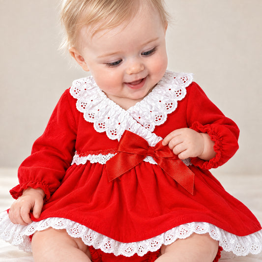 Baby Girls Red Cotton Puff Dress With Pants