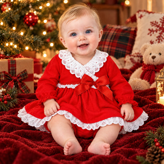 Baby Girls Red Cotton Puff Dress With Pants