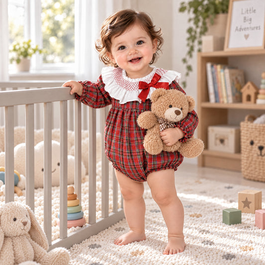 Baby Girls Red Tartan Big Collar Smocked Romper