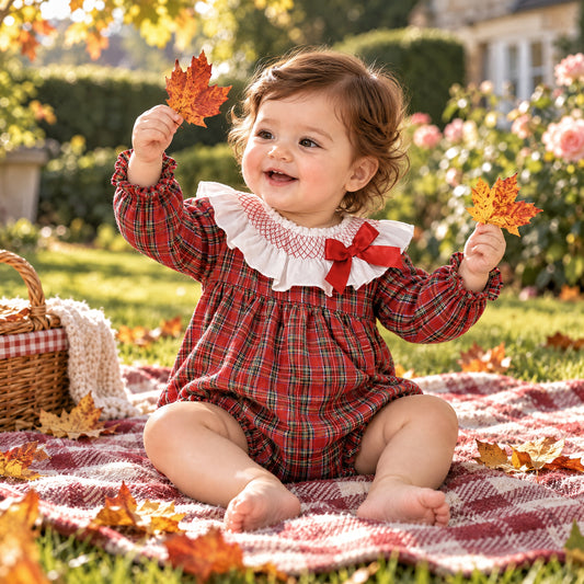 Baby Girls Red Tartan Big Collar Smocked Romper