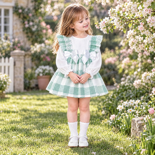 Baby Girls Green Checked Puff Dress With Pants